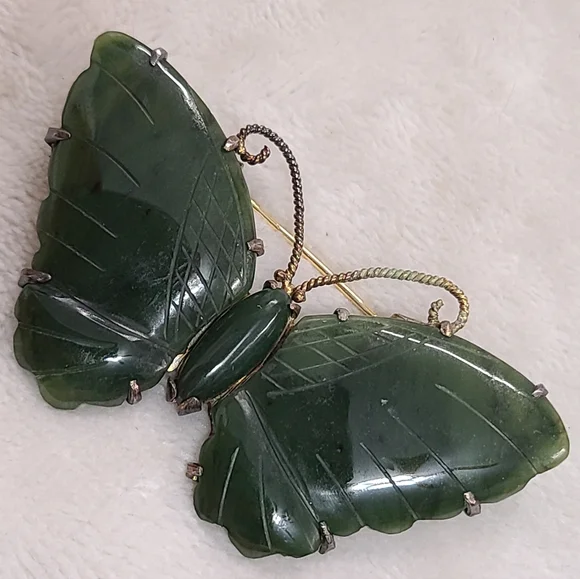 Vintage Carved Jade Butterfly Brooch